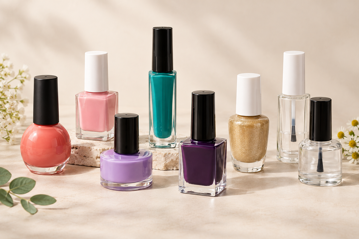 Assorted nail polish bottles in different shapes with colorful and clear polish on a light neutral background.