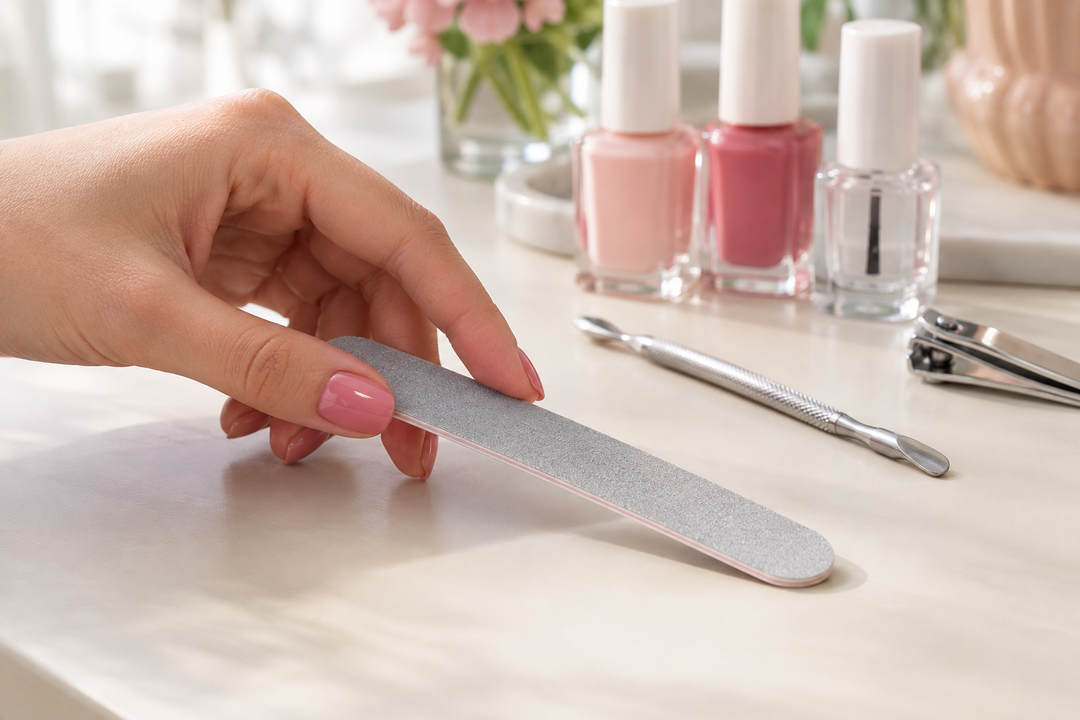 A perfectly manicured hand picking up a nail file with nail tools and nail polish bottles in the background